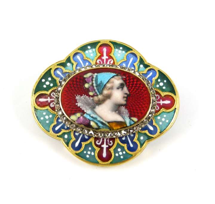 Late 19th century enamel and diamond historicist brooch
